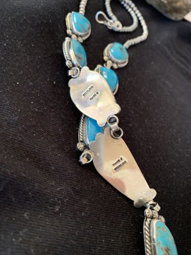 Navajo Kingman Turquoise Pendant Lariat Necklace | Sterling Silver Navajo Pearls | 1188