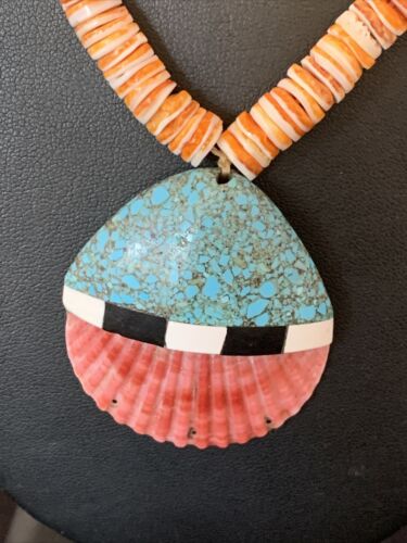 Authentic Native American Santo Domingo Shell Pendant Necklace | Spiny Oyster & Blue Turquoise | 26" | 12519