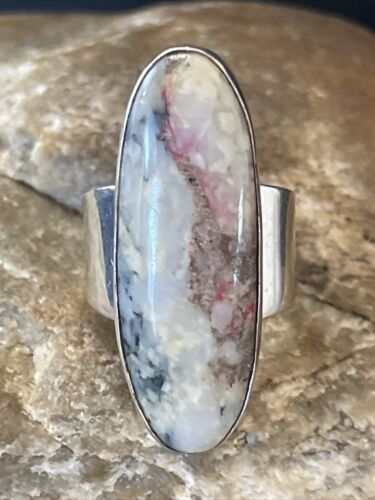 Native American Men's Cinnabrite Ring | Sterling Silver | White Black | Sz 7 | 01568