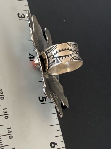 Navajo Stamped Coral Ring | Sterling Silver | Sz 8 | Authentic Native American Handmade | 11506