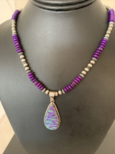 Navajo Purple Sugilite Necklace with Faux Opal Pendant | Sterling Silver | Authentic Native American Handmade | 01916