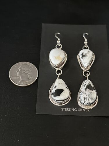 Navajo White Buffalo Turquoise Dangle Earrings | Sterling Silver | 2" | Authentic Native American Handmade | 14716