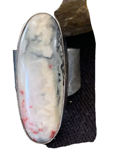 Native American Men's Navajo Cinnabrite Ring | White Black | Sterling Silver | Sz 7.5 | 1555