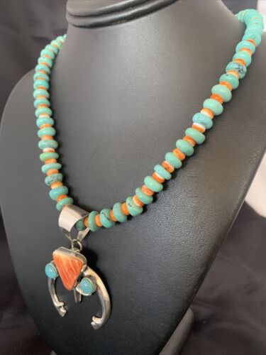 Navajo Pearls Sterling Silver Necklace | Blue Turquoise & Spiny Oyster | Naja Pendant | Authentic Native American Handmade