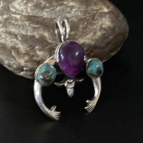 Navajo Sterling Silver Blue Turquoise Purple Sugilite Naja Pendant | Authentic Native American Handmade | 14673
