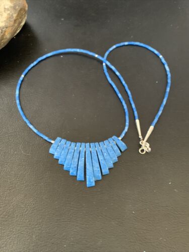 Navajo Denim Lapis Bead Necklace | Sterling Silver | Tube Heishi Fan Pendant | 20" | 10475