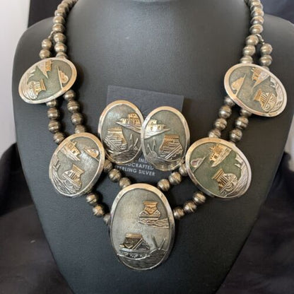 Navajo Gold Filled Sterling Silver Concho Pottery Pendant Necklace Earrings Set | Native American Handmade | 12367
