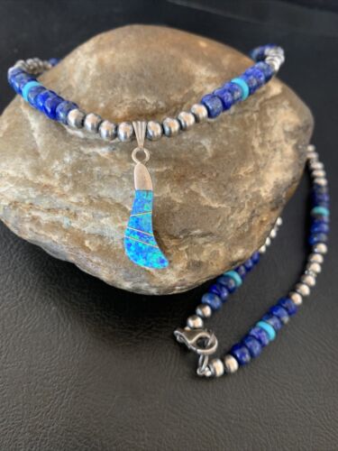 Men's Navajo Blue Lapis Turquoise Opal Inlay Pendant Necklace | Sterling Silver | 22" | 13386