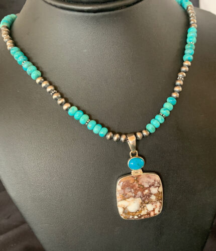 Men's Navajo Pearl Necklace | Sterling Silver | Blue Turquoise & Wild Horse Pendant | 11860