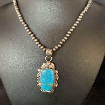 Men's Navajo Blue Kingman Turquoise Pendant Necklace | Sterling Silver | Authentic Native American Handmade | 13665