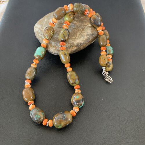 Navajo Green Turquoise & Orange Spiny Oyster Necklace | Sterling Silver | 23" | Authentic Native American Handmade | 1848