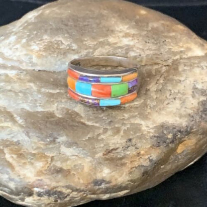 Navajo Multi-Color Turquoise Spiny Oyster Corn Inlay Ring | Sterling Silver | Sz 5.5 | 13853