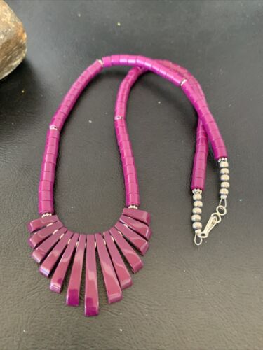 Navajo Purple Sugilite Heishi Necklace | Sterling Silver Tube Fan | 20" | Authentic Native American Handmade | 10472