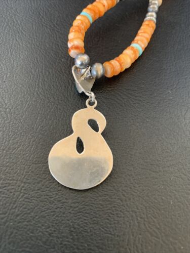 Navajo Pearls Necklace with Orange Spiny Oyster & Turquoise Pendant | Sterling Silver | Authentic Native American | 20" | 12703