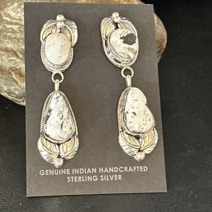 Navajo White Buffalo Turquoise Dangle Earrings | Sterling Silver | 2.5" | Authentic Native American Handmade | 14742
