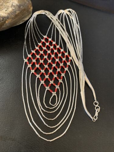 Red Coral 7 Strand Liquid Silver Heishi Necklace | Sterling Tubes | 18" | Authentic Native American Handmade | 12625