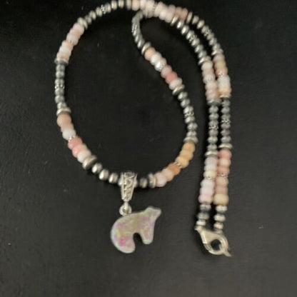 Navajo Bear Pink Opal Bead Necklace | Sterling Silver Inlay Pendant | Authentic Native American Handmade | 13459