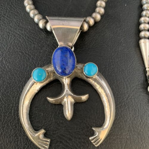Navajo Blue Lapis Turquoise Pendant Necklace | Authentic Native American Sterling Silver | Naja | 13631