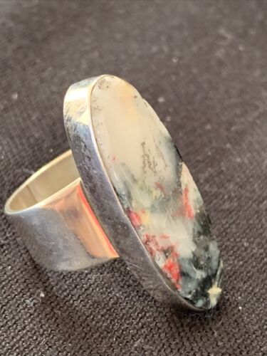 Southwestern Navajo Cinnabrite Ring | White Black | Sterling Silver | Sz 7.5 | 1562