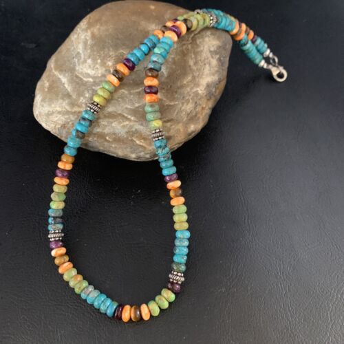 Navajo Blue Turquoise & Orange Spiny Oyster Necklace | Sterling Silver | 18" | 13433