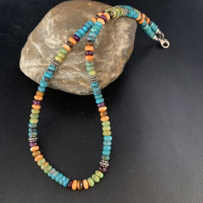 Navajo Blue Turquoise & Orange Spiny Oyster Necklace | Sterling Silver | 18" | 13433