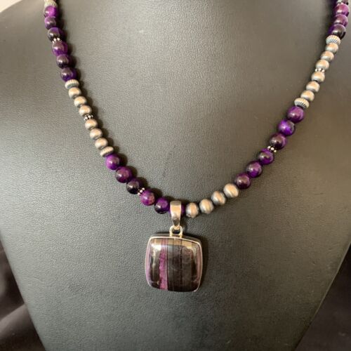 Women's Navajo Pearls Necklace with Purple Sugilite and Onyx Pendant | Sterling Silver | 13393