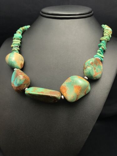 Navajo Chunky Green Nugget Turquoise Necklace | Sterling Silver | 23" | Authentic Native American Handmade | 3216
