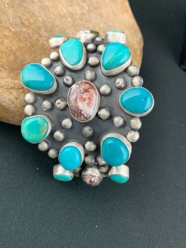 Men's Blue Turquoise Wild Horse Cuff Bracelet | Sterling Silver | Navajo Handmade | 4228 - Masha USA