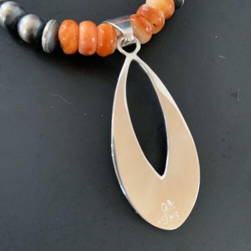 Navajo Pearls Sterling Silver Necklace | Orange Spiny Oyster Inlay Pendant | Authentic Native American Handmade | 11318