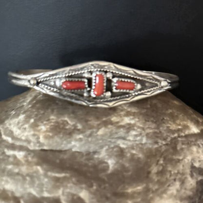 Native American Navajo Red Coral Cuff Bracelet | Sterling Silver | Authentic Handmade | 14592