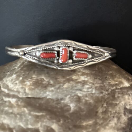 Native American Navajo Red Coral Cuff Bracelet | Sterling Silver | Authentic Handmade | 14592