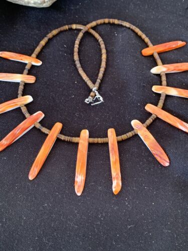 Navajo Orange Spiny Oyster Bone Stick Bead Necklace | Sterling Silver | 22" | Authentic Native American Handmade | 00680