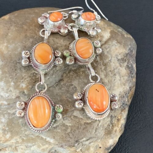 Navajo Orange Spiny Oyster Dangle Earrings | Sterling Silver | Authentic Native American Handmade | 1231