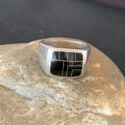 Native American Men's Navajo Black Onyx Inlay Ring | Sterling Silver | Sz 9 | 10738