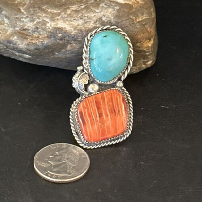 Navajo Turquoise Spiny Oyster Ring | Authentic Native American Sterling Silver | Multi-Stone | Sz 8.5 | 14490