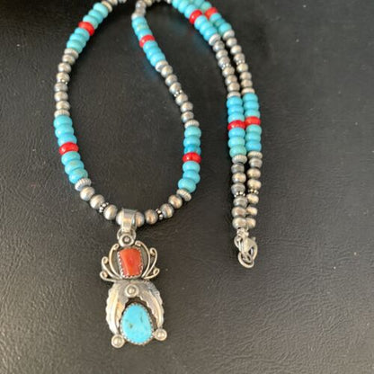 Navajo Sterling Turquoise Onyx Multi-Color Inlay Pendant | Southwestern Necklace | 21" | 13838