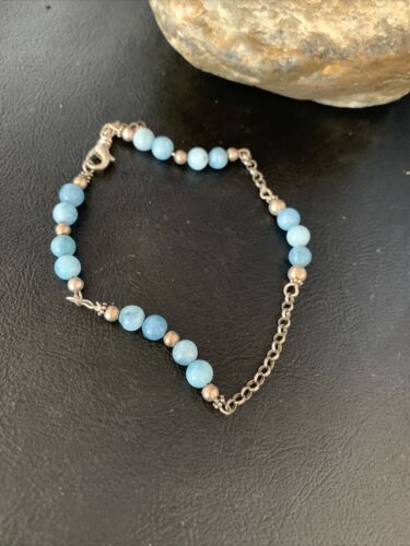 Navajo Blue Larimar Link Bracelet | Sterling Silver | 6mm | 8.5" | Authentic Native American Handmade | 14186