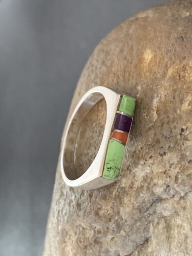 Southwestern Navajo Green Gaspeite Sugilite Red Coral Inlay Ring | Sz 7 | 02254