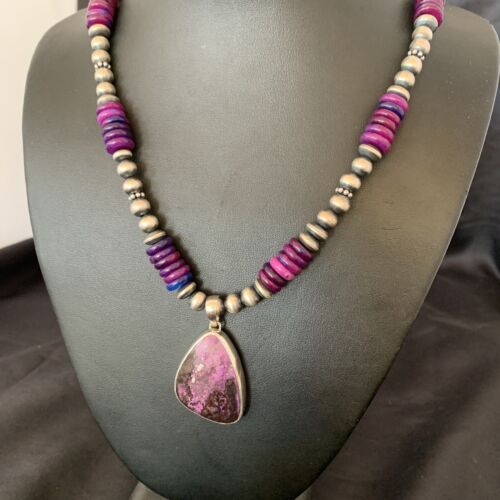 Navajo Purple Sugilite Pendant with Pearls | Sterling Silver Necklace | Authentic Native American Handmade | 4832