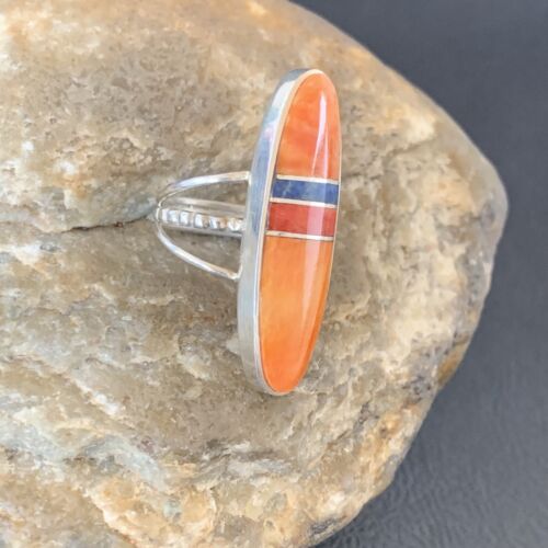 Navajo Red Spiny Oyster Lapis Inlay Ring | Sterling Silver | Sz 5 | Authentic Native American Handmade | 11584
