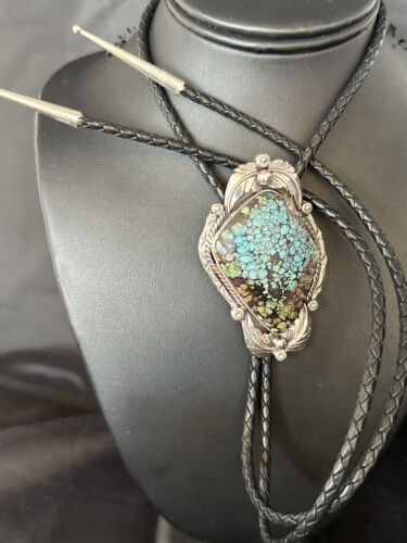Bolo Tie | Blue Spiderweb Turquoise | Sterling Silver | Navajo | Handmade Southwestern Jewelry | 14255