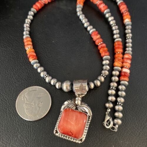 Navajo Red Spiny Oyster Pendant Necklace | Sterling Silver | 20" | Authentic Native American Handmade | 13653