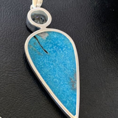 Navajo Blue Topaz Turquoise Pendant | Sterling Silver | 3" | Authentic Native American Handmade | 10709