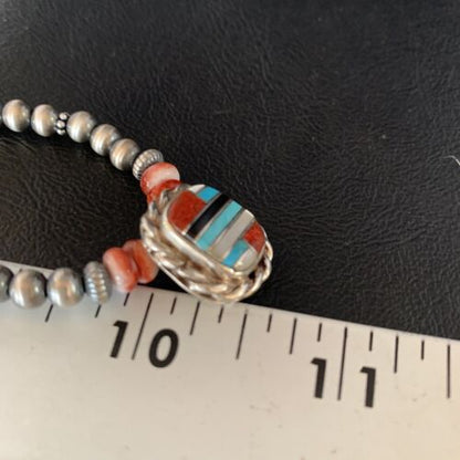 Authentic Navajo Sterling Silver Necklace | Turquoise & Onyx Multi-Color Inlay Pendant | Native American Jewelry | 13558