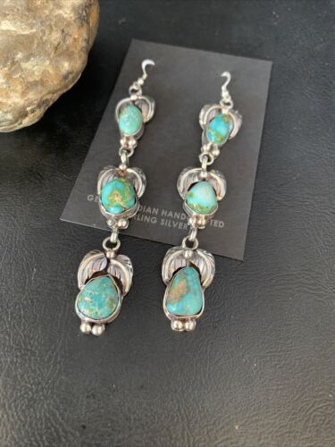 Navajo Green Turquoise Earrings | Sonoran Gold | Sterling Silver | 3 Dangle | Authentic Native American Handmade | 13925