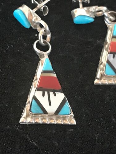 Navajo Sterling Silver Inlay Earrings | Coral Turquoise Onyx Mother of Pearl | Southwestern