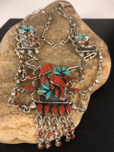 Zuni Turquoise Coral Necklace | Collectible Sterling Silver Pendant | Native American Handmade | 315