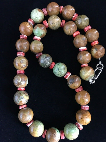 Navajo Green Turquoise & Orange Spiny Oyster Necklace | Sterling Silver | 17" | Authentic Native American Handmade | 1742