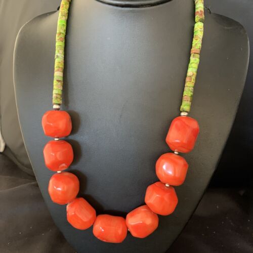 Navajo Green Gaspeite | Coral Pendant Necklace | Sterling Silver | Authentic Native American Handmade | 20" | 13955