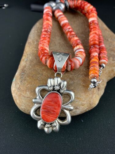 Navajo Red Spiny Oyster Pendant Necklace | Sterling Silver | Authentic Native American Handmade | 4783